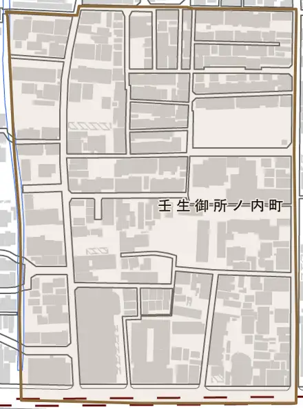 壬生御所ノ内町とその周辺の地図。町の範囲を重ねている
