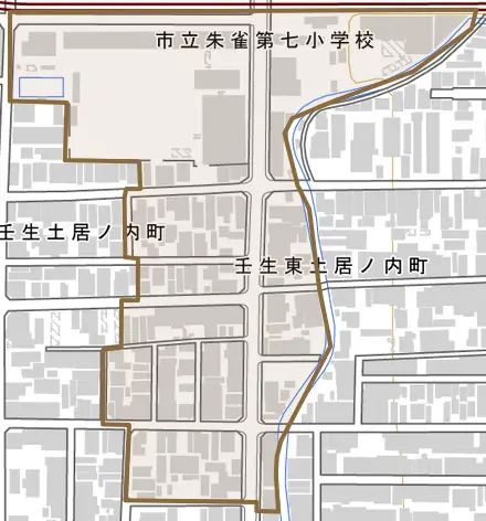壬生東土居ノ内町とその周辺の地図。町の範囲を重ねている