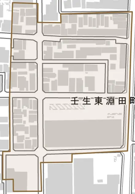 壬生東淵田町とその周辺の地図。町の範囲を重ねている
