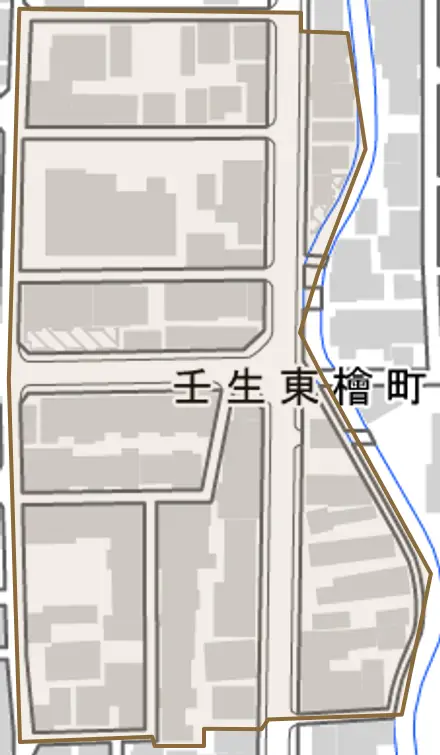 壬生東檜町とその周辺の地図。町の範囲を重ねている