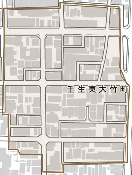 壬生東大竹町とその周辺の地図。町の範囲を重ねている