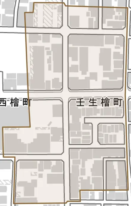 壬生檜町とその周辺の地図。町の範囲を重ねている