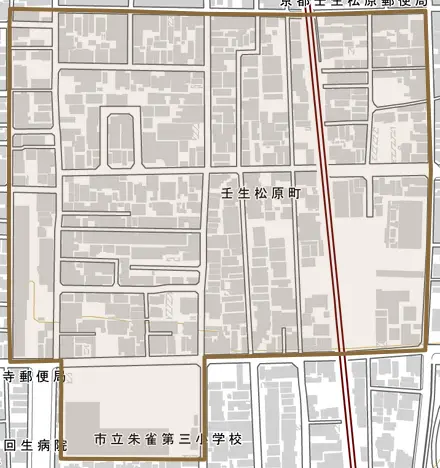 壬生松原町とその周辺の地図。町の範囲を重ねている