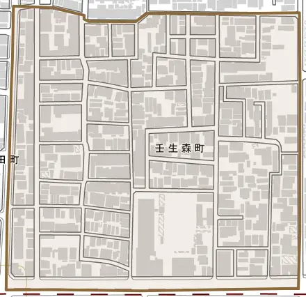 壬生森町とその周辺の地図。町の範囲を重ねている
