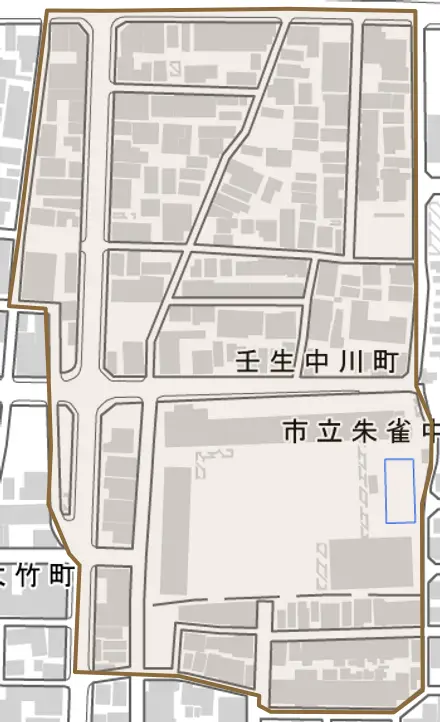 壬生中川町とその周辺の地図。町の範囲を重ねている