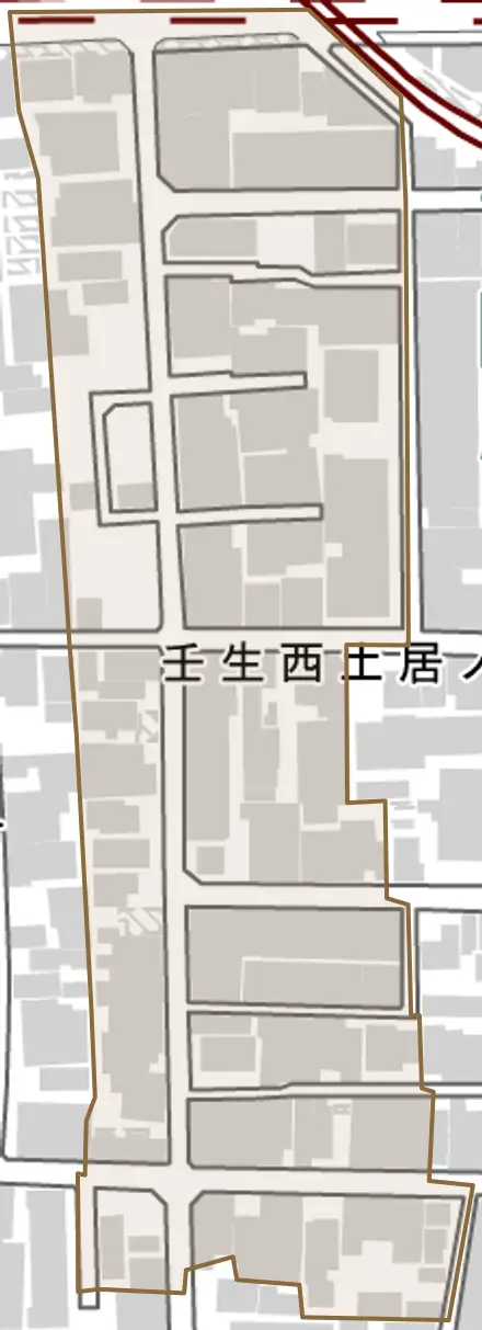 壬生西土居ノ内町とその周辺の地図。町の範囲を重ねている