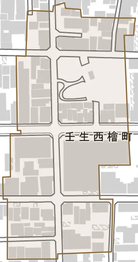 壬生西檜町とその周辺の地図。町の範囲を重ねている