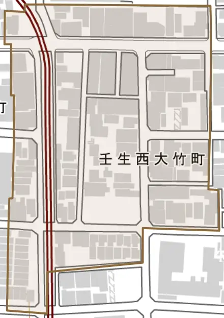 壬生西大竹町とその周辺の地図。町の範囲を重ねている