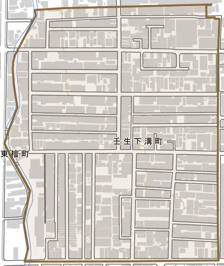壬生下溝町とその周辺の地図。町の範囲を重ねている