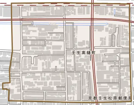 壬生高樋町とその周辺の地図。町の範囲を重ねている