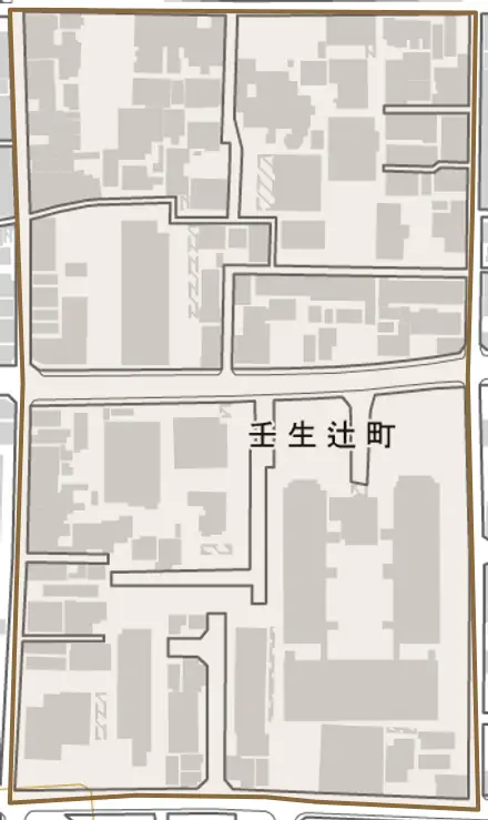 壬生辻町とその周辺の地図。町の範囲を重ねている