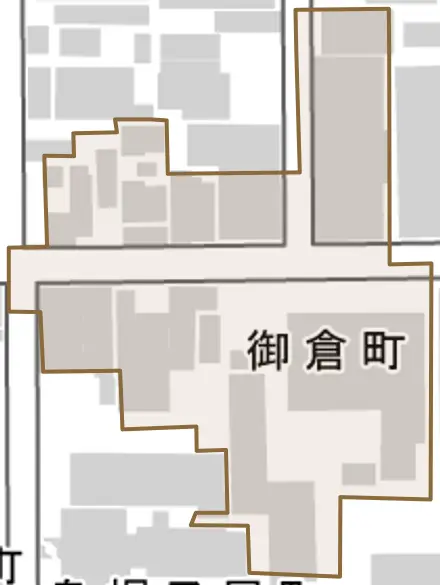 御倉町とその周辺の地図。町の範囲を重ねている