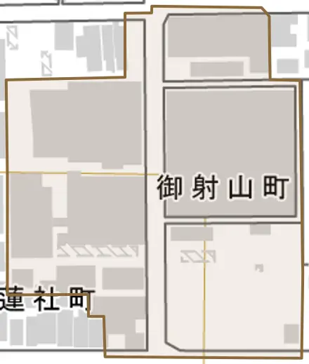 御射山町とその周辺の地図。町の範囲を重ねている