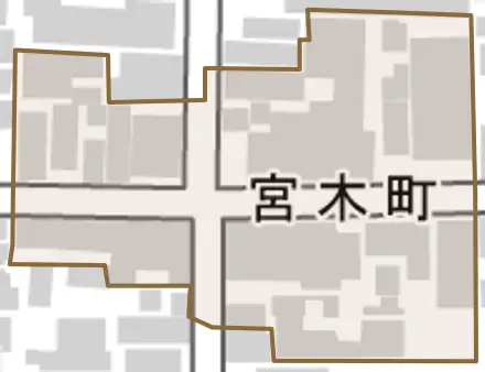 宮木町とその周辺の地図。町の範囲を重ねている