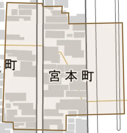 宮本町とその周辺の地図。町の範囲を重ねている