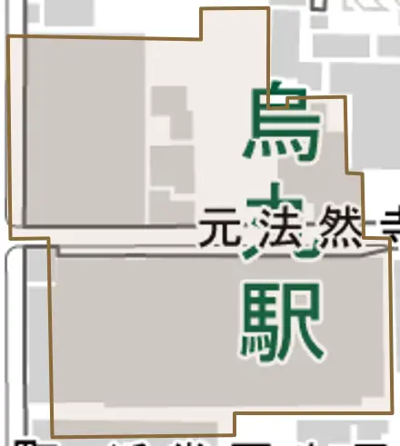 元法然寺町とその周辺の地図。町の範囲を重ねている