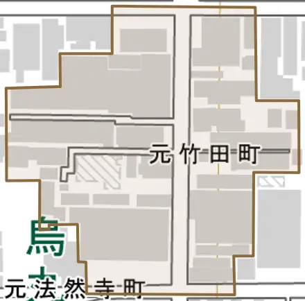 元竹田町とその周辺の地図。町の範囲を重ねている