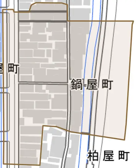 鍋屋町とその周辺の地図。町の範囲を重ねている