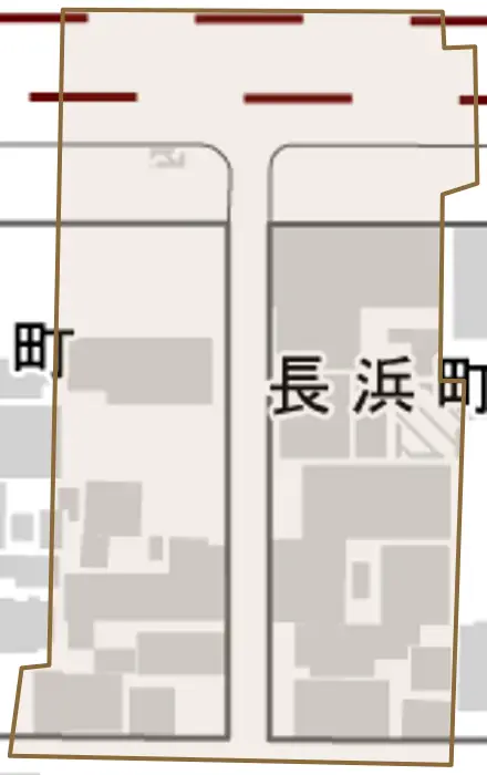 長浜町とその周辺の地図。町の範囲を重ねている