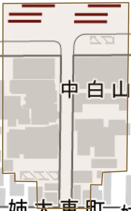 中白山町とその周辺の地図。町の範囲を重ねている