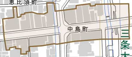 中島町とその周辺の地図。町の範囲を重ねている