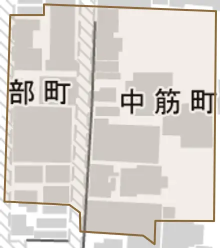 中筋町とその周辺の地図。町の範囲を重ねている