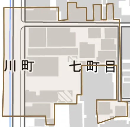 七町目とその周辺の地図。町の範囲を重ねている