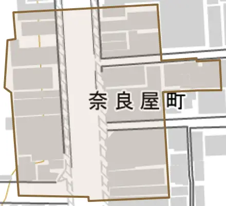 奈良屋町とその周辺の地図。町の範囲を重ねている