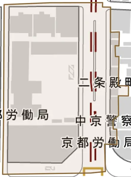 二条殿町とその周辺の地図。町の範囲を重ねている