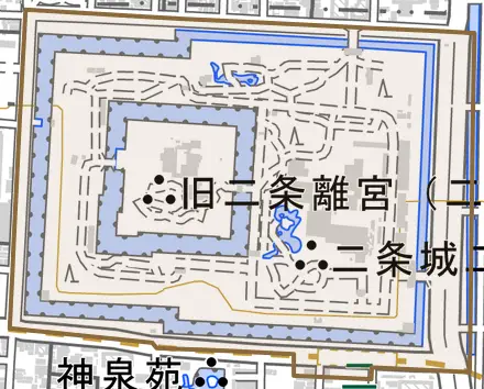 二条城町とその周辺の地図。町の範囲を重ねている