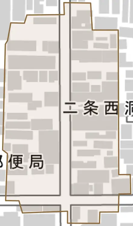 二条西洞院町とその周辺の地図。町の範囲を重ねている