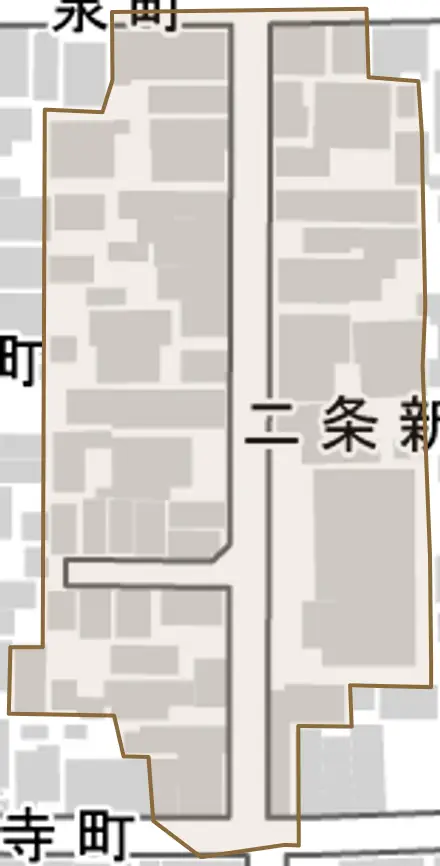 二条新町とその周辺の地図。町の範囲を重ねている