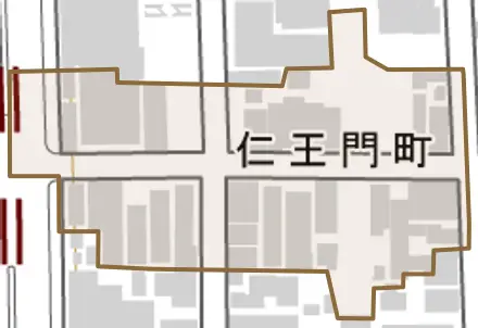 仁王門町とその周辺の地図。町の範囲を重ねている