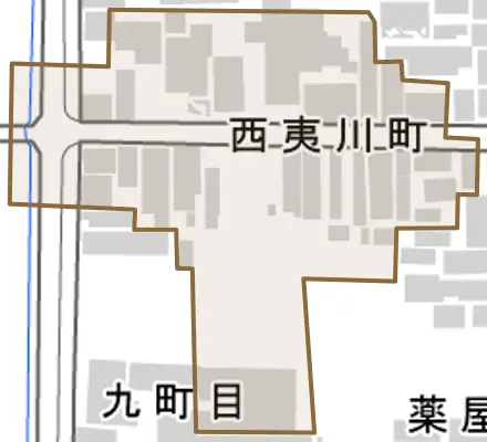 西夷川町とその周辺の地図。町の範囲を重ねている