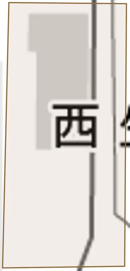 西生洲町とその周辺の地図。町の範囲を重ねている