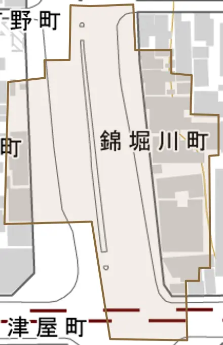 錦堀川町とその周辺の地図。町の範囲を重ねている