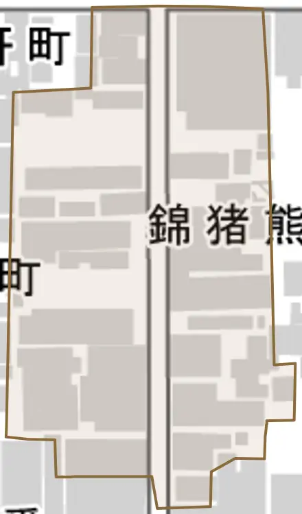 錦猪熊町とその周辺の地図。町の範囲を重ねている
