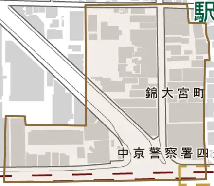 錦大宮町とその周辺の地図。町の範囲を重ねている