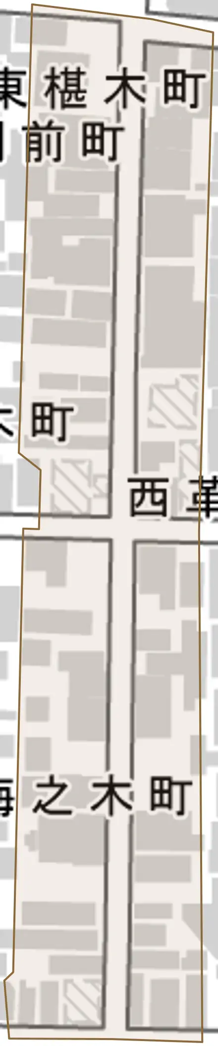 西革堂町とその周辺の地図。町の範囲を重ねている