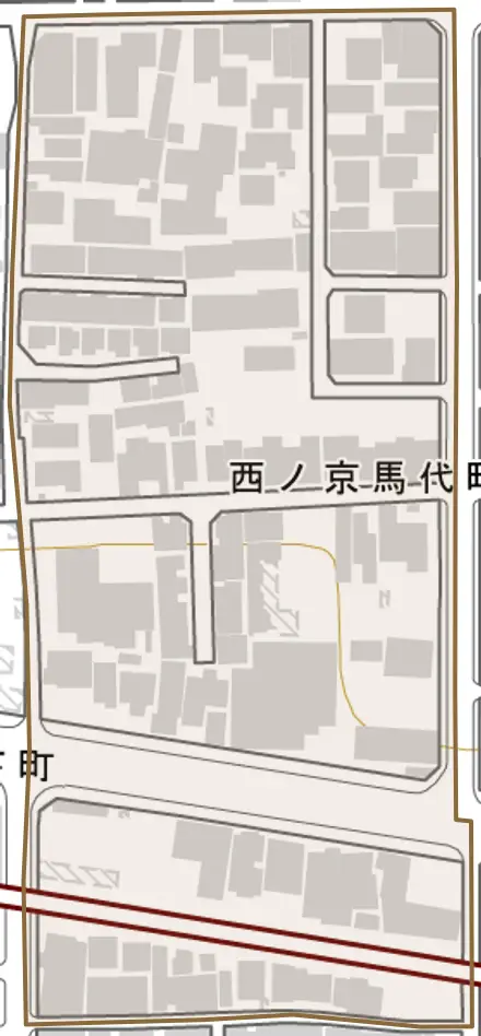 西ノ京馬代町とその周辺の地図。町の範囲を重ねている