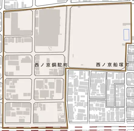 西ノ京銅駝町とその周辺の地図。町の範囲を重ねている