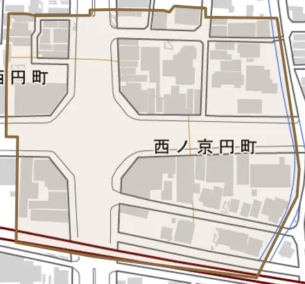 西ノ京円町とその周辺の地図。町の範囲を重ねている