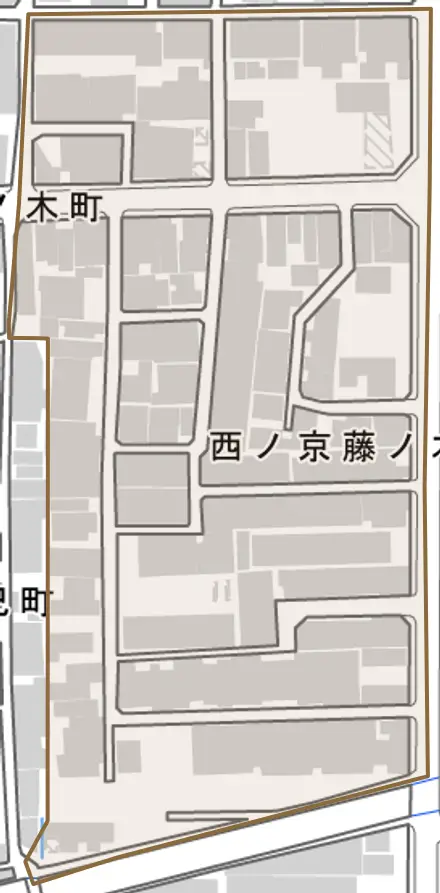 西ノ京藤ノ木町とその周辺の地図。町の範囲を重ねている