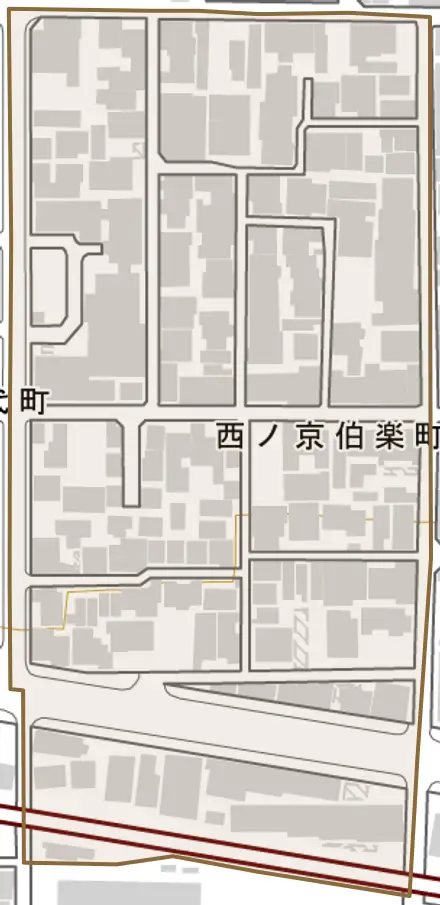 西ノ京伯楽町とその周辺の地図。町の範囲を重ねている