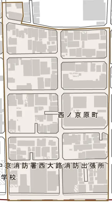 西ノ京原町とその周辺の地図。町の範囲を重ねている