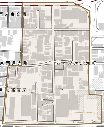西ノ京東月光町とその周辺の地図。町の範囲を重ねている