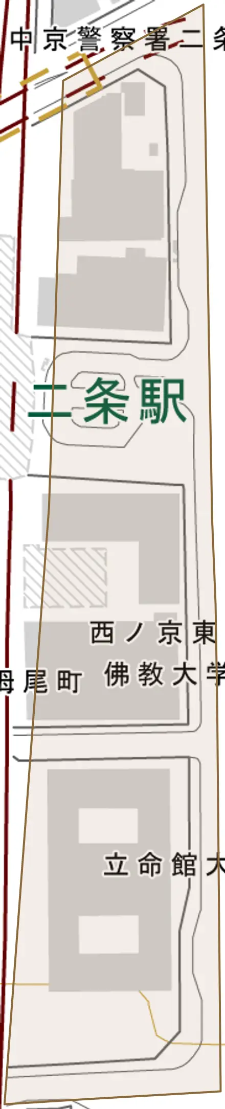 西ノ京東栂尾町とその周辺の地図。町の範囲を重ねている