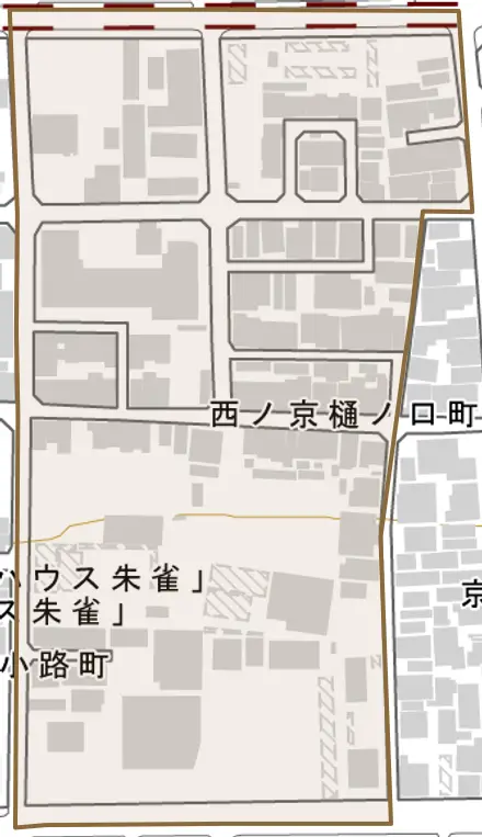 西ノ京樋ノ口町とその周辺の地図。町の範囲を重ねている