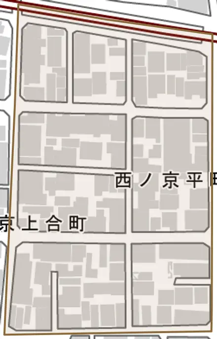 西ノ京平町とその周辺の地図。町の範囲を重ねている