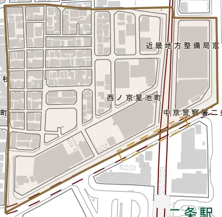 西ノ京星池町とその周辺の地図。町の範囲を重ねている